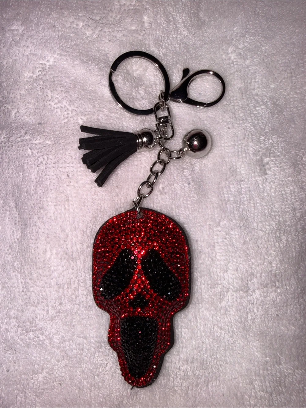 Red and Black Crystal Skull Keychain with Tassel Ghost Face